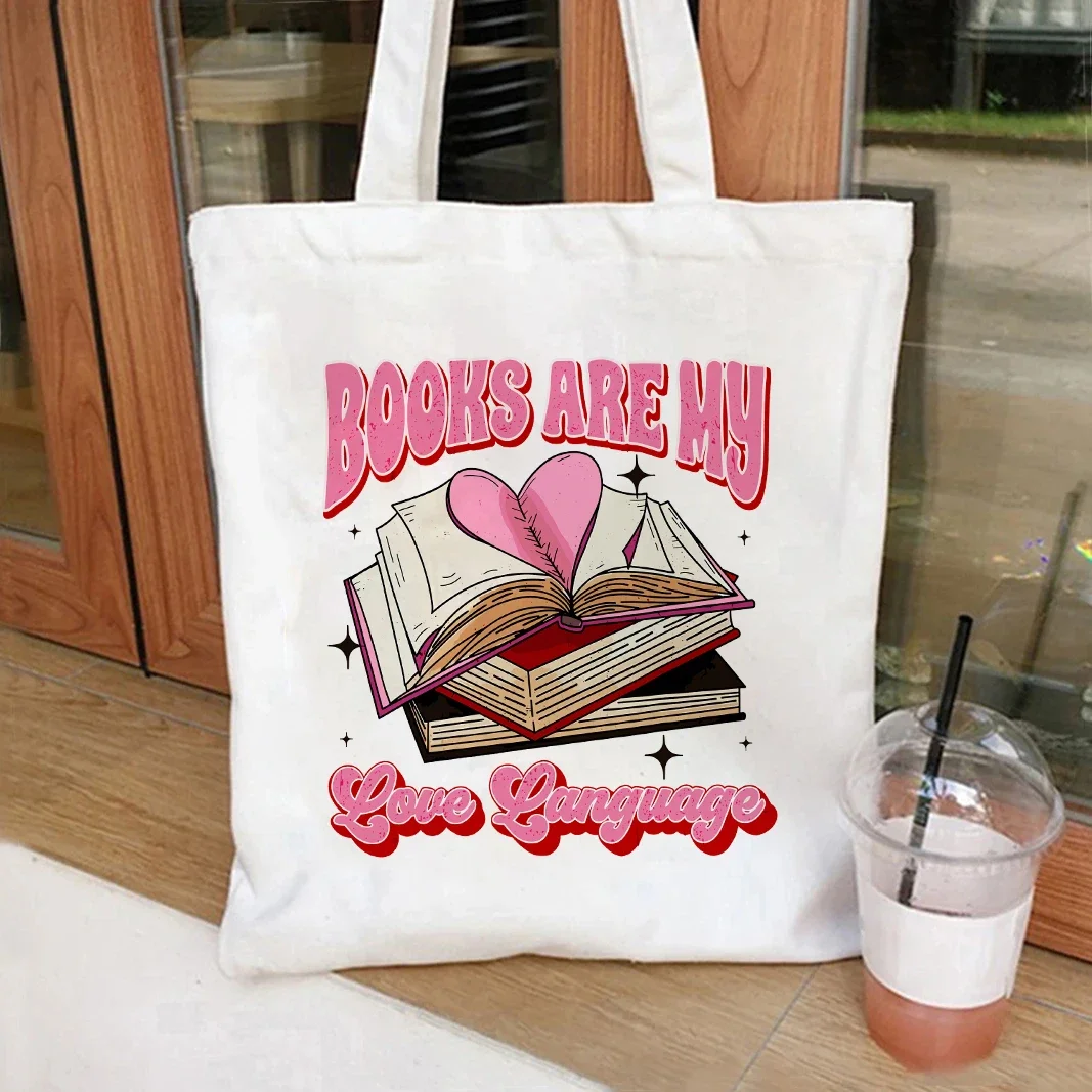 

Valentines Bookish Love Heart Tote Bag Canvas Shoulder Bag Makeup Bag Shopping Bag Literary School Handbag Casual