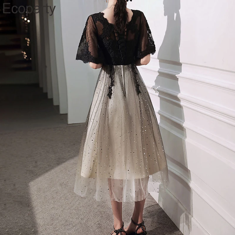 2023 Fashion Elegant Midi Dresses Black Temperament Half Sleeve Sequins Mesh Patchwork Prom Evening Dress Lady Summer Vestido