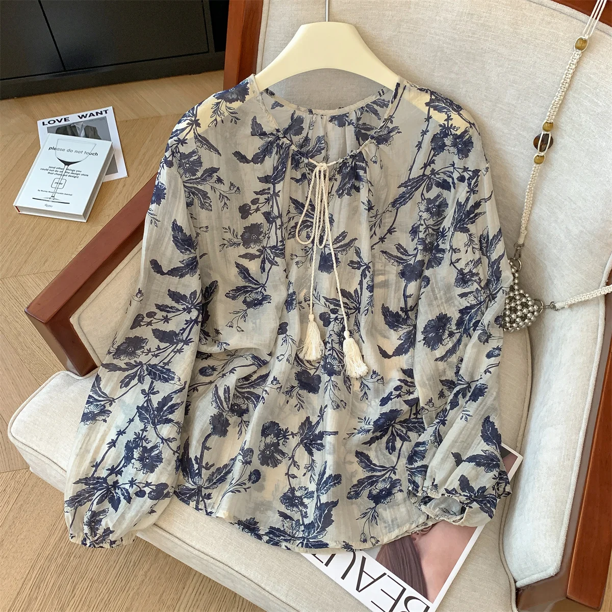 

French Style Retro Floral Print Women Blouse Spring Summer New Elegant Long Sleeve Lace Up Sunscreen Shirt Female Loose Tops