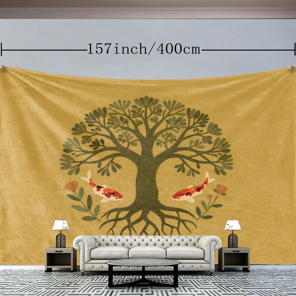 Ochre Symmetrical Tree Koi Fish Floral Wall Tapestry, Traditional Boho Decor