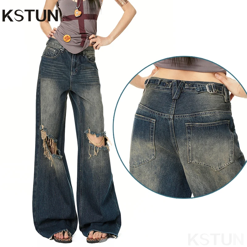 

Джинсы KSTUN 2026 летние женские в стиле хип-хоп, рваные, с эффектом потертости, широкие, свободные, винтажные, уличные, мото- и байкерские