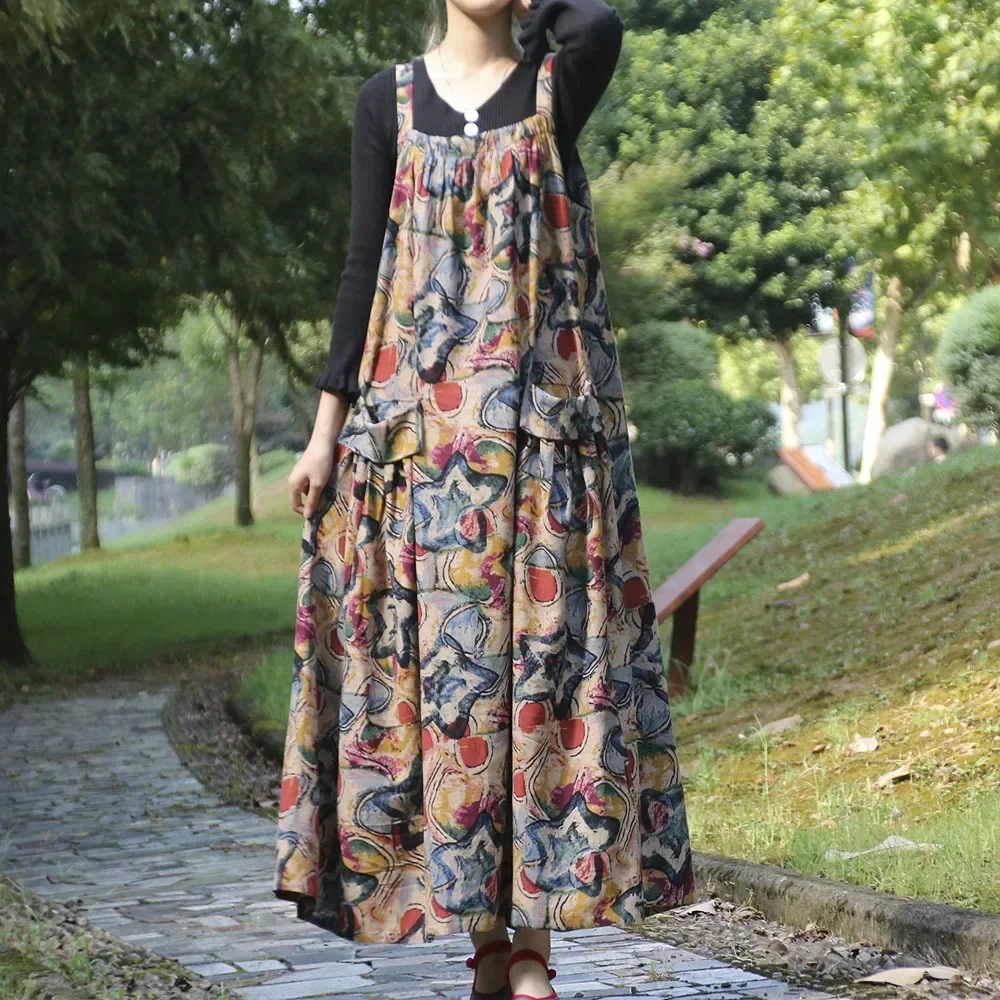 Floral Print Dress for Women Summer Loose National Style Casual Sleeveless Dresses Cotton Linen Suspenders Long Dress Vestidos