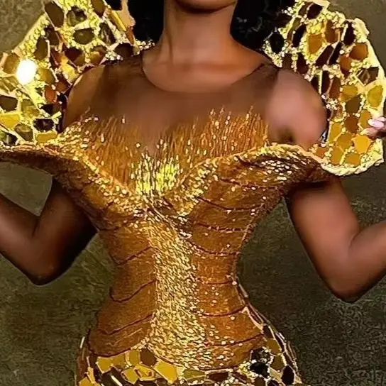 Dubai Gold Mermaid Evening Gown Heavily Sparkly Crystal Mirrors Wrap Formal Dress Aso Ebi Wedding Party Robe de mariee Cutomized