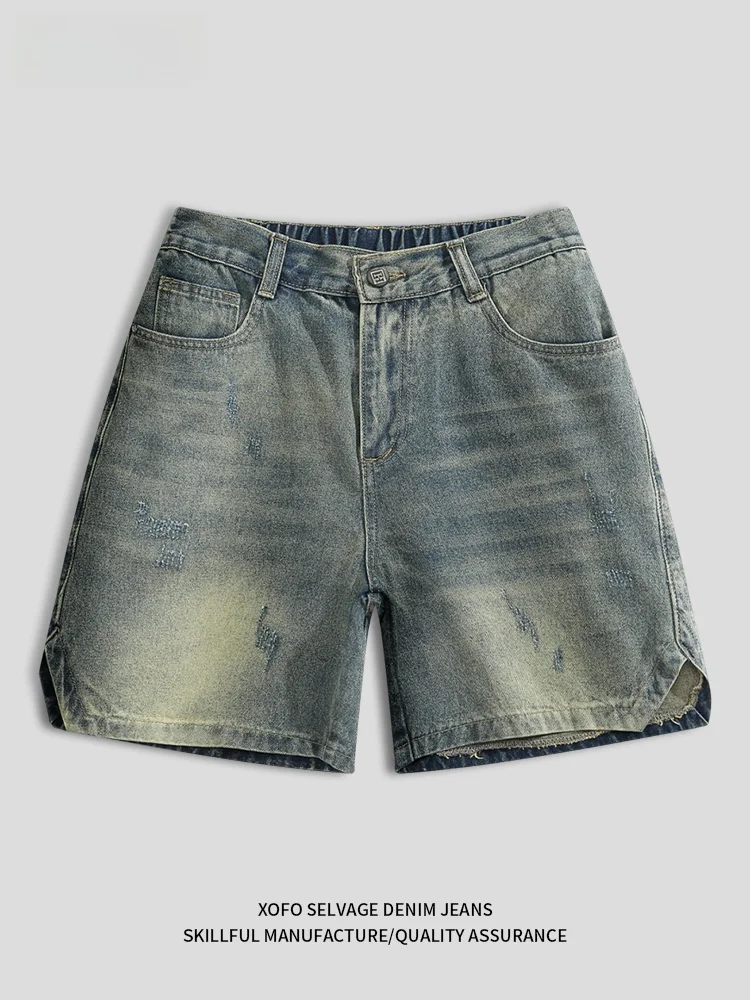 

Retro American Casual Men's Jeans Five-Point Hole Faionable Loose Straight Tube Cotton Polyester Blend Summer New Arrival