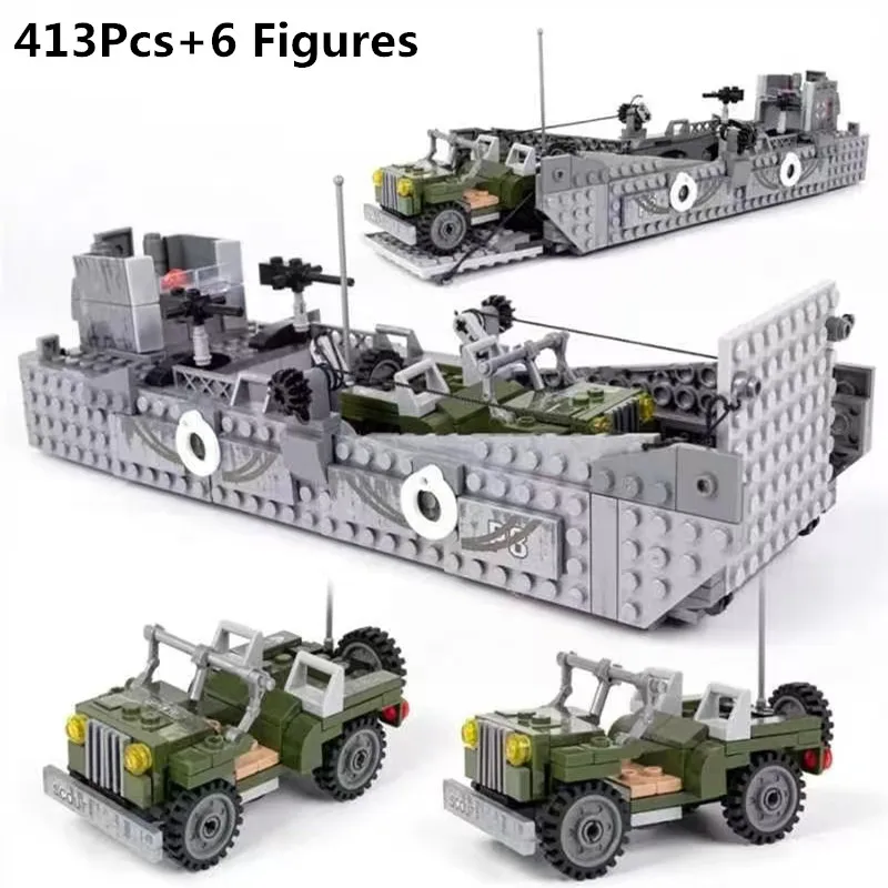 Classic WW2 Operation Overlord Normandie Landing Ship Higgins Boats LCM Model Building Blocks Kit Military War Bricks Kids Gifts