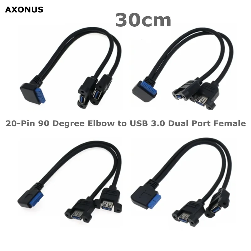 5Gbps 20-Pin 90 Degree Elbow to USB 3.0 Dual Port Female Threaded Installation Cable for Computer Motherboard Installation