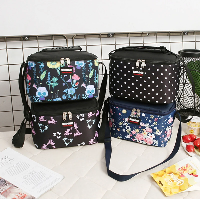 SANNE 5L Square Insulated Lunch Bag with Floral Pattern Waterproof Ice Pack Thermal Portable Bento Bag Thickened Lunch Box