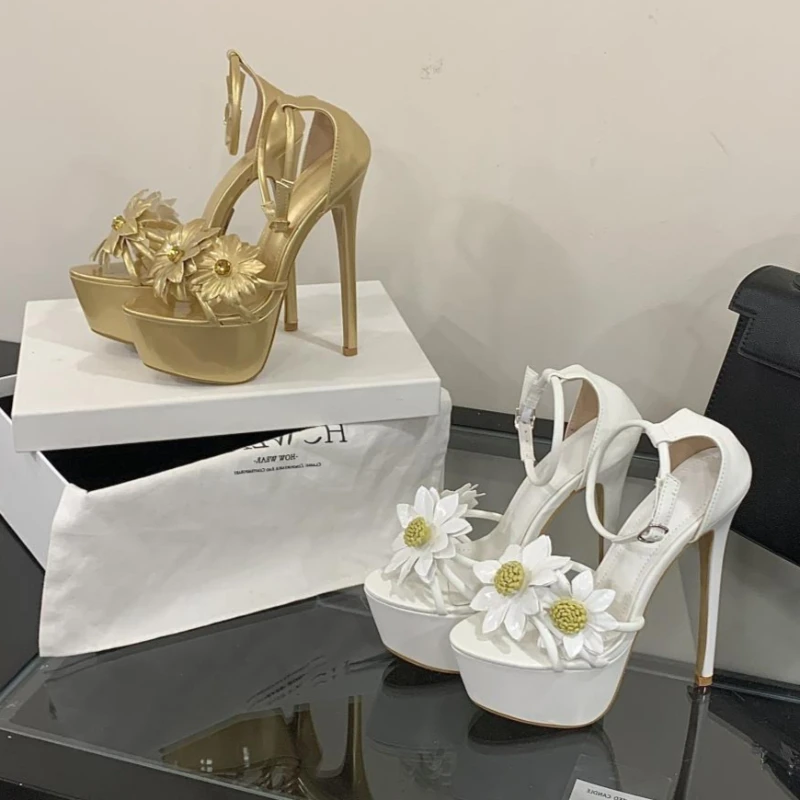 الجدة زهرة الشمس تزيين صنادل أرضية المرأة موضة الكاحل مشبك سوبر صنادل عالية الكعب مثير المفتوحة تو القطب أحذية الرقص