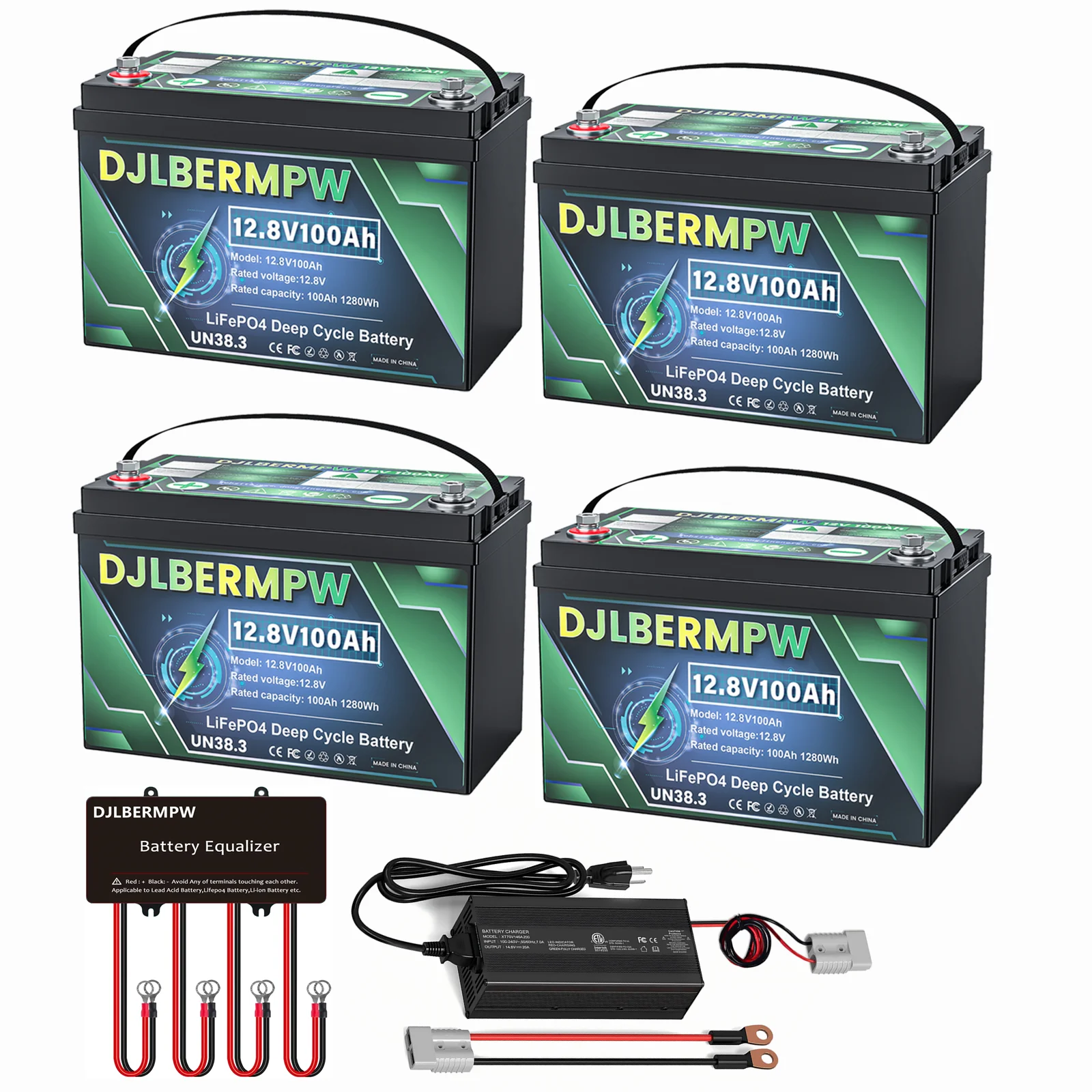 

DJLBERMPW 48V 100Ah LiFePO4 Battery Built-in 100A BMS With 48V Battery Equalizer 14.6V 10A Fast Charging Charger for Solar Home