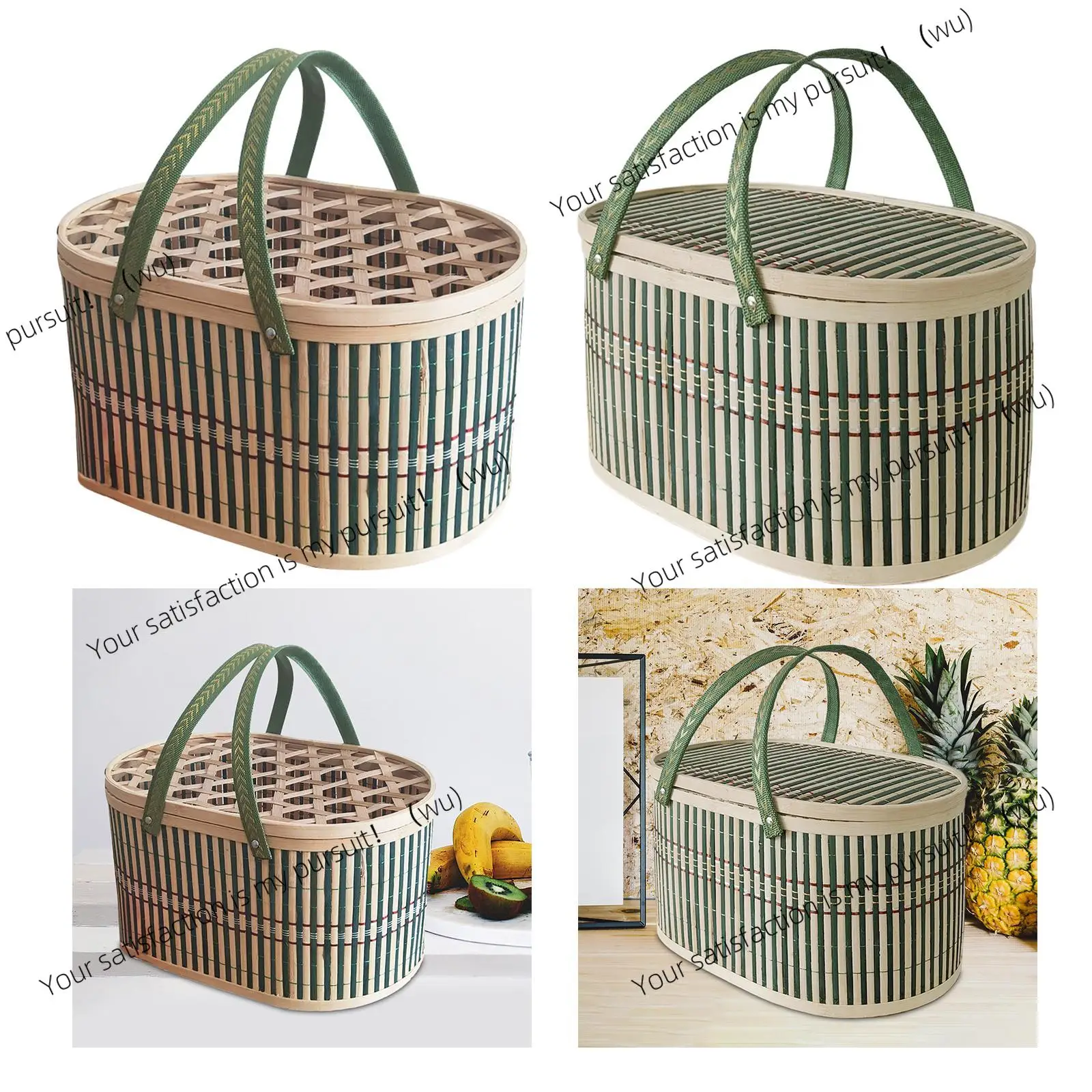 Bamboo basket with top handle, multifunctional hand-woven picnic basket with lid for storing snack cakes