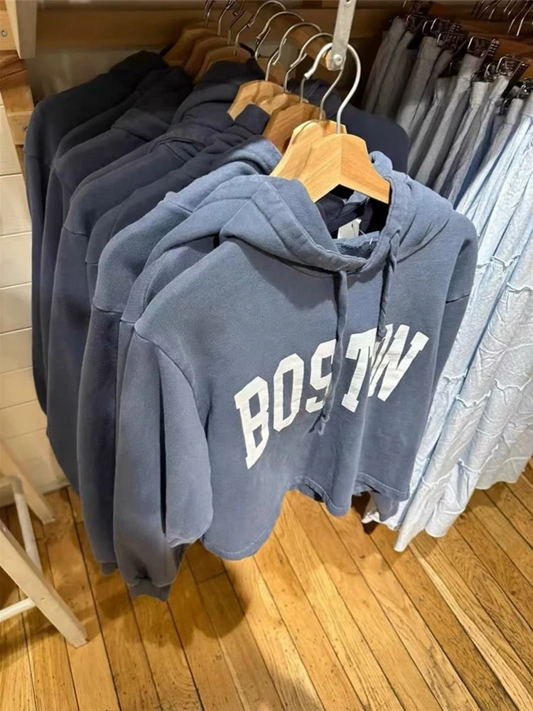 Casual  Women Long Sleeve Letter Printing Sweatshirts 2023 Autumn Fashion Navy Hooded Tops Chic Female Loose Pullover