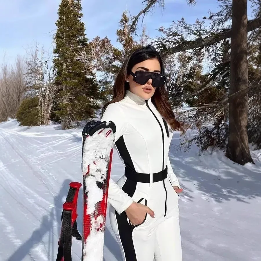 Women Color Block One Piece Ski Suit Waterproof Windproof Jumpsuit With Pockets For Outdoor Skiing Snow Sports Mountain Trip