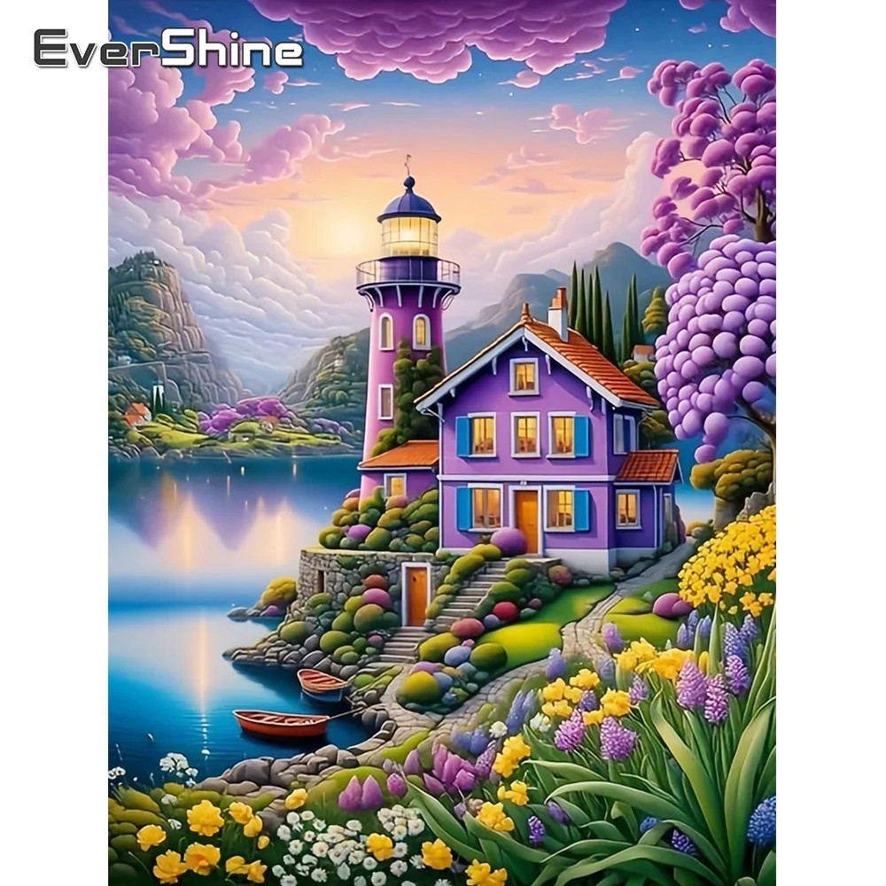 Evershine DIY House Diamond Paintings Lighthouse Landscape New Arrival Mosaic Kit Cross Stitch Embroidery Lake Home Decor