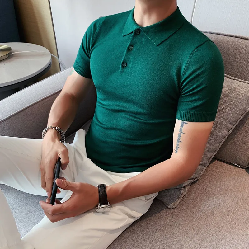 2024 Summer Mens Ice Silk Solid Color Polo Shirt Korean Luxury Turn Down Collar Slim Fit Casual knitted Tops Tees