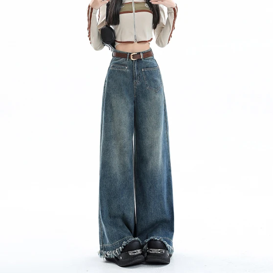 Raw edge wide leg jeans female spring 2024 new high-waisted loose light-colored design sense niche drape drag pants