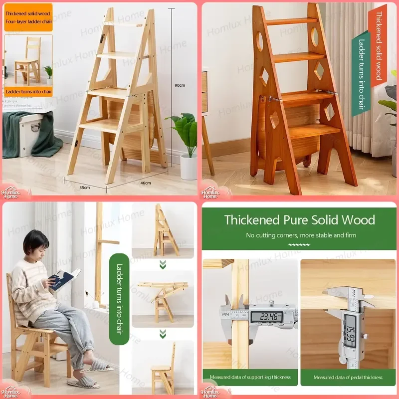 Multifunctional Solid Wood Ladder Chair 2 in 1 Folding Step Stool for Home Indoor Use Convertible Kitchen Ladder and Seat