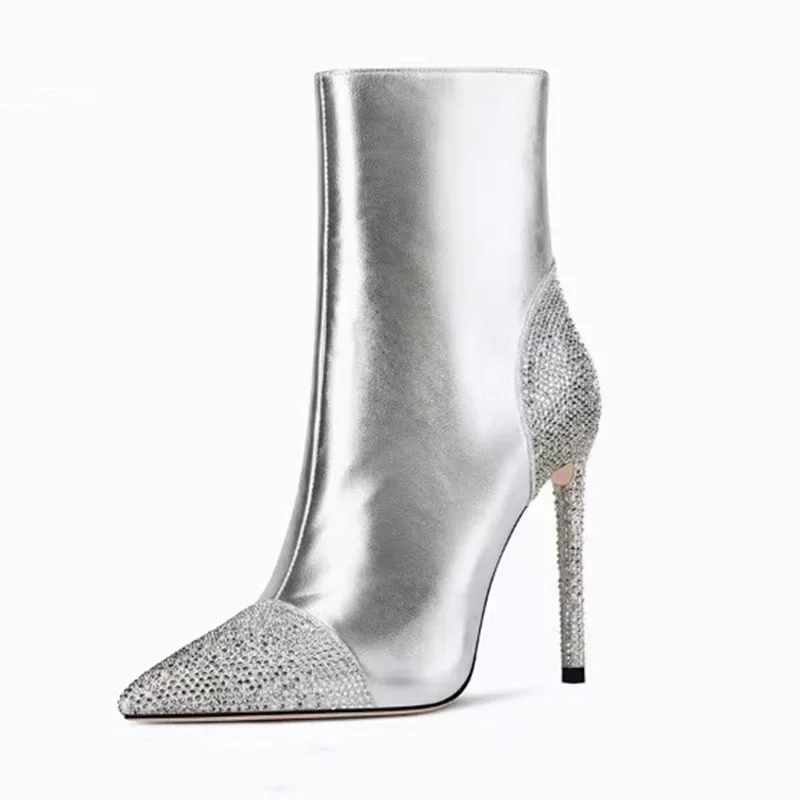 

Silver Patent Leather Botas Crystals Side Zipper Ankle Boots Golden Stiletto Heels Women Shoes Rhinestone Zapatillas De Mujer