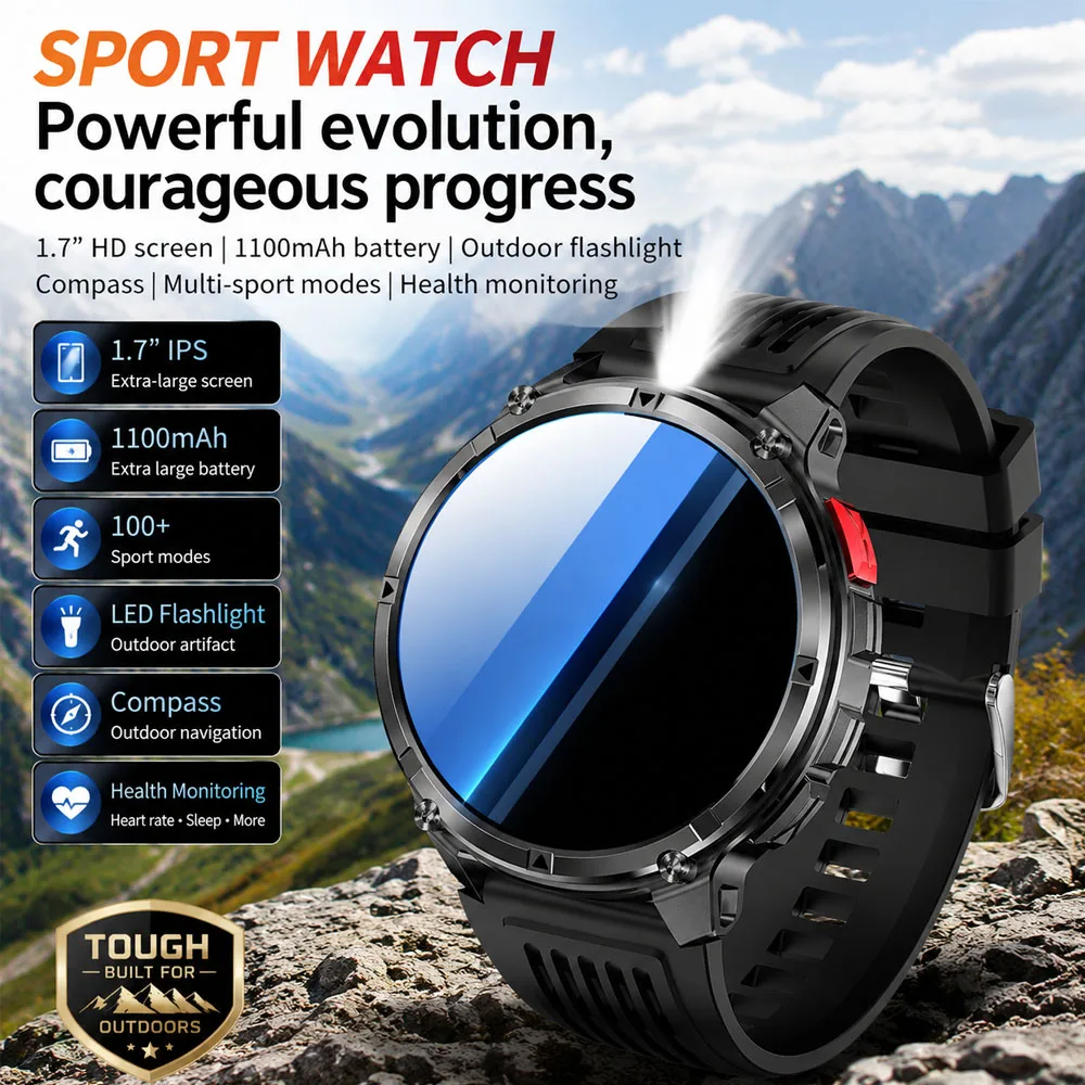 

1100mAh Battery Men Smart Watch 1.7 Screen Sports Run Tracker Outdoors Compass IP68 Waterproof Military Smartwatch Men 2026 New