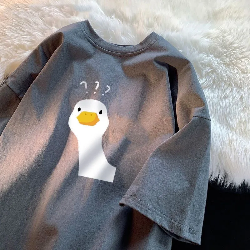 Cartoon-Enten-Druck mit Fragezeichen, Sommer-Baumwoll-Kurzarm-T-Shirt für Damen, Ins-Trend 2024, neues, lockeres, vielseitiges Retro-Top