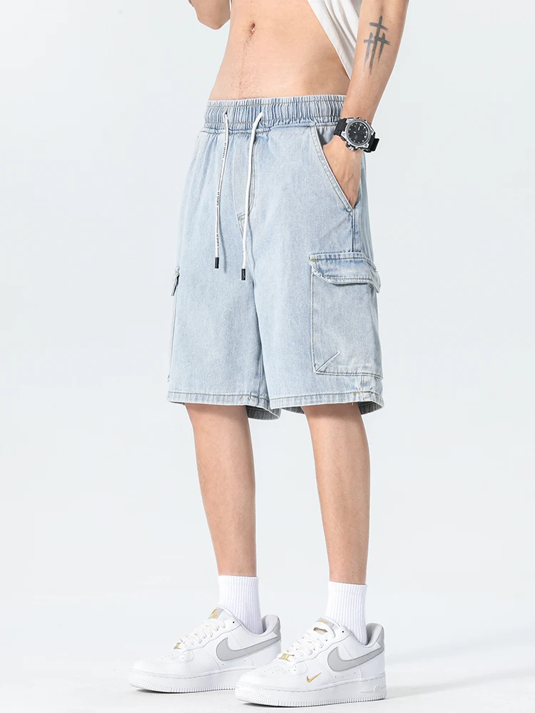 جديد الصيف الرجال الدنيم السراويل الضوء الأزرق موضة متعددة جيب فضفاض عادية البضائع السراويل الرجال 92% القطن مستقيم جينس قصير #2