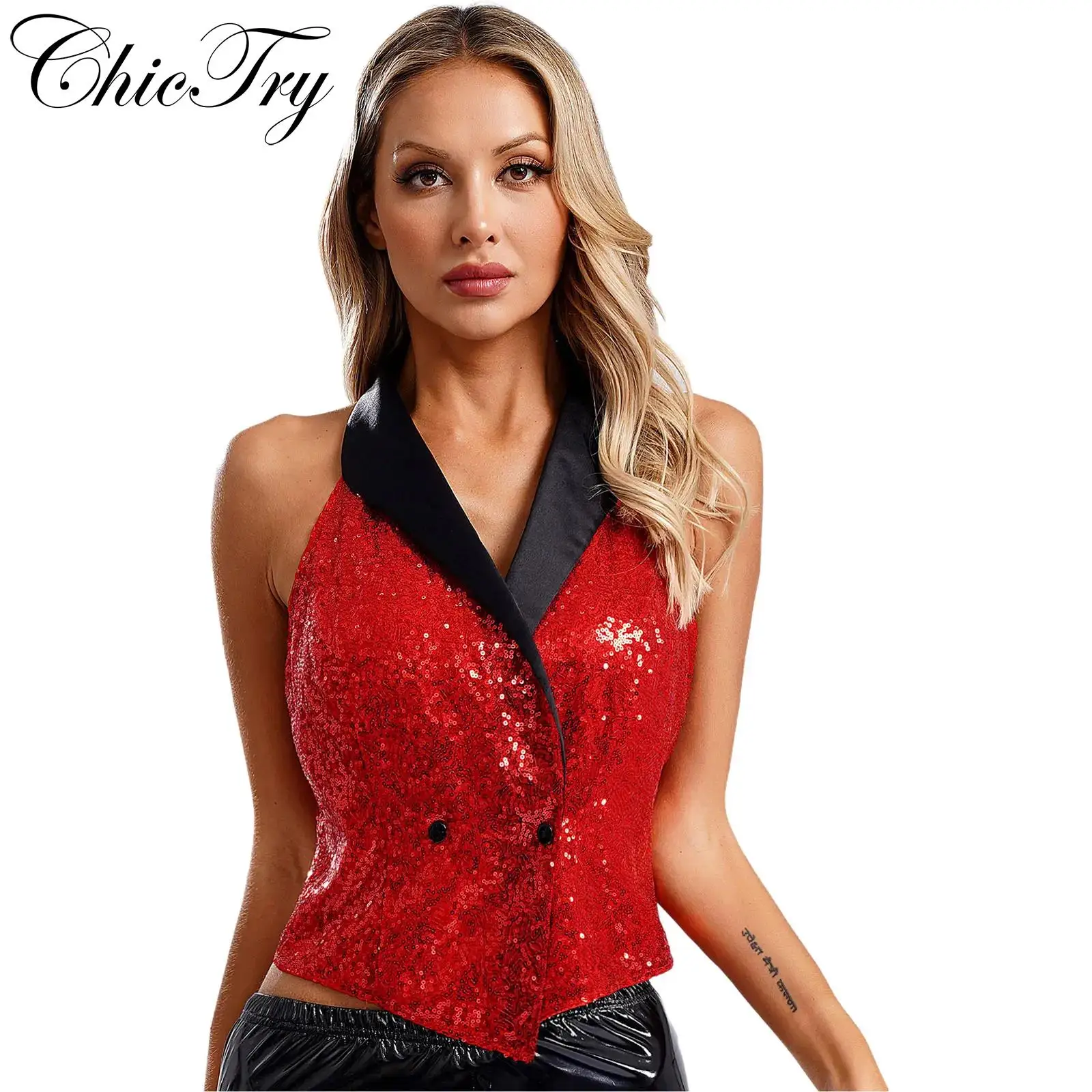 Womens Sequins Waistcoat Lapel Sleeveless Vest Press Button Blouse Dressy Formal Top for Clubwear Evening Party Banquet Cocktail