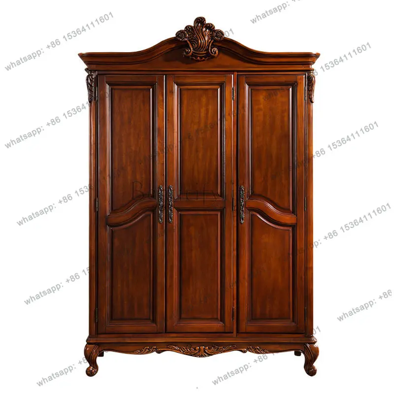 

American solid wood simple three-door bedroom large wardrobe European retro hanging furniture double-door storage cabinet