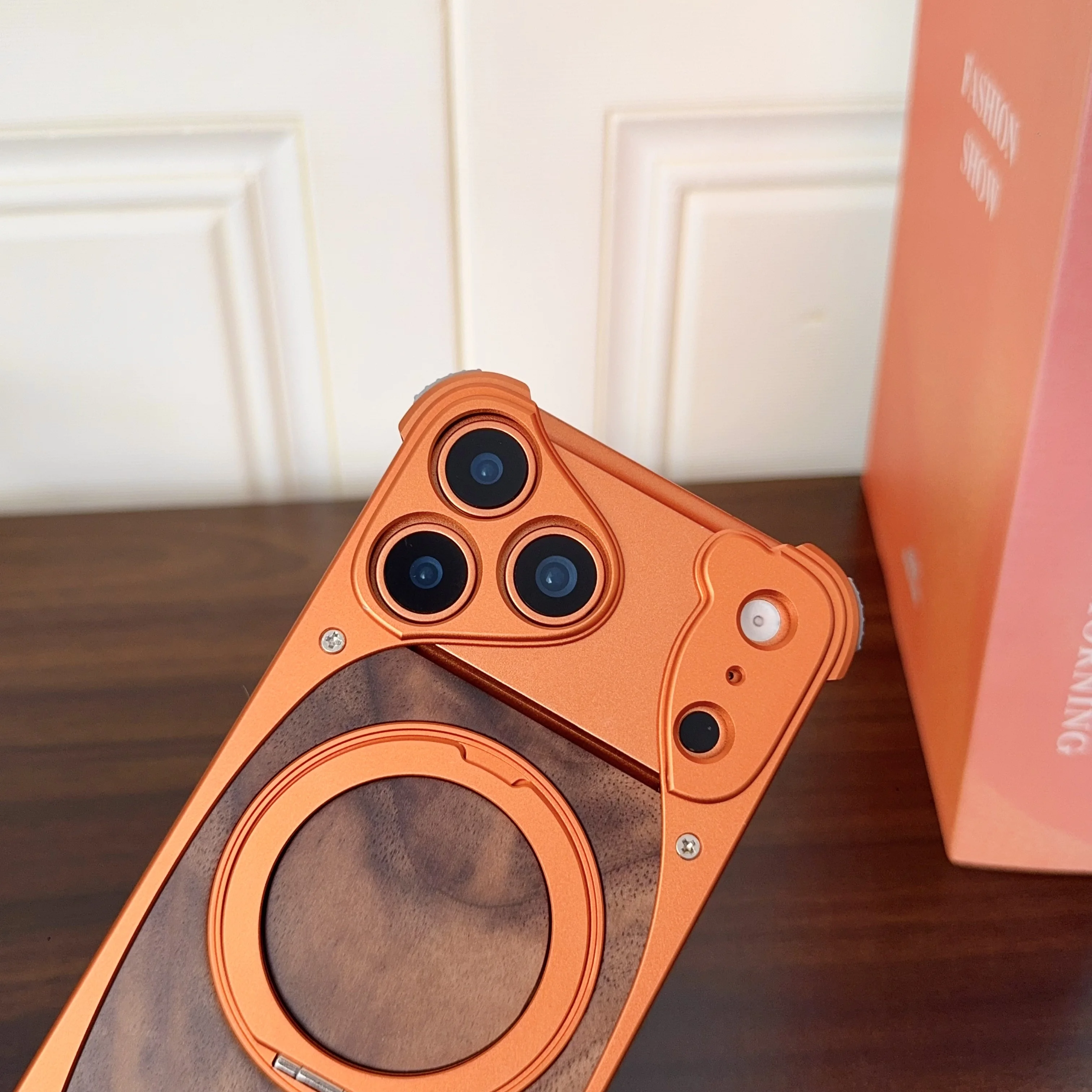 Luxury Metal Frame Walnut Wood Frameless Phone Case For iPhone 18 17 16 15 14 Pro Max Magsafe Magnetic Rotating Bracket Cover