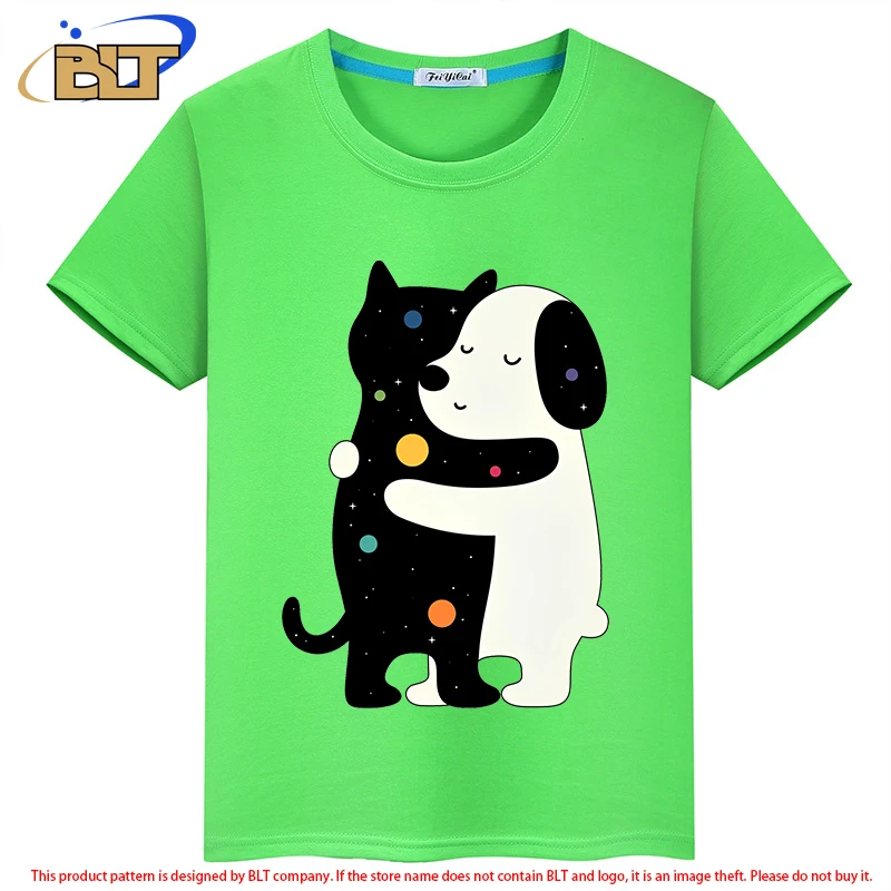 Camiseta infantil de manga curta de abraço de gato e cachorro, tops casuais para meninos e meninas, idioma universal, verão