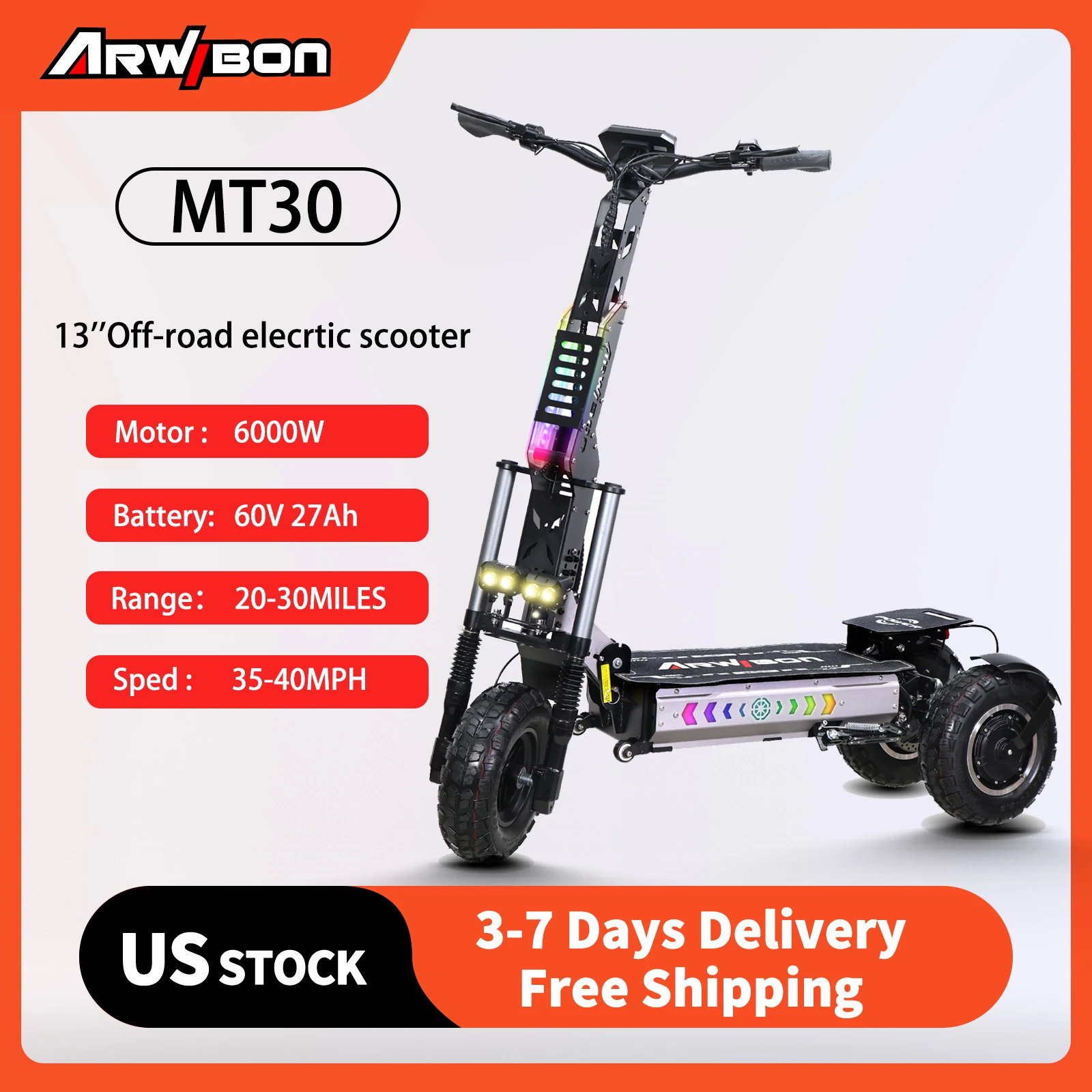 

Arwibon MT30 6000W Adult Electric Tricycle Speed up to 40MPH 60V 27Ah 13inch off-road tires foldable commuting sports E-tricycle