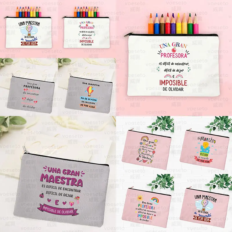 

Spanish Printed Canvas Women's Wash and Makeup Cosmetic Pouches,As A Gift for Teachers Student's School Pencil Bags Pencil Cases