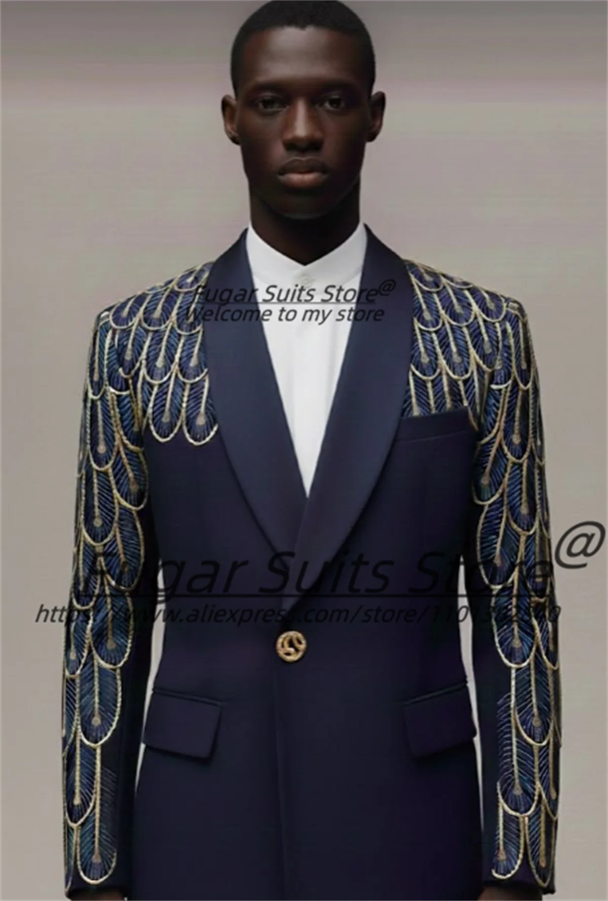Customized Navy Blue Men Suits Shiny Gold Peacock Feather Embroidery Shawl Lapel Groom Wedding Tuxedos 2 Pieces Sets Ropa Hombre