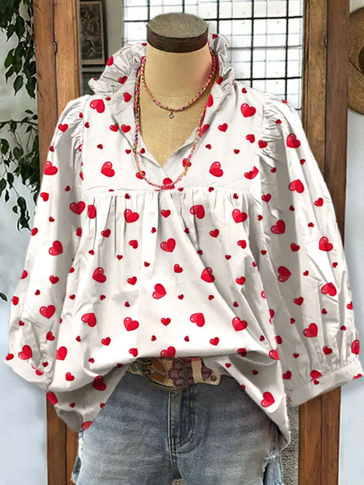 Classic Heart Print V-neck Puff Sleeve Top Red Hearts Print Shirts Valentine's Day Blouse