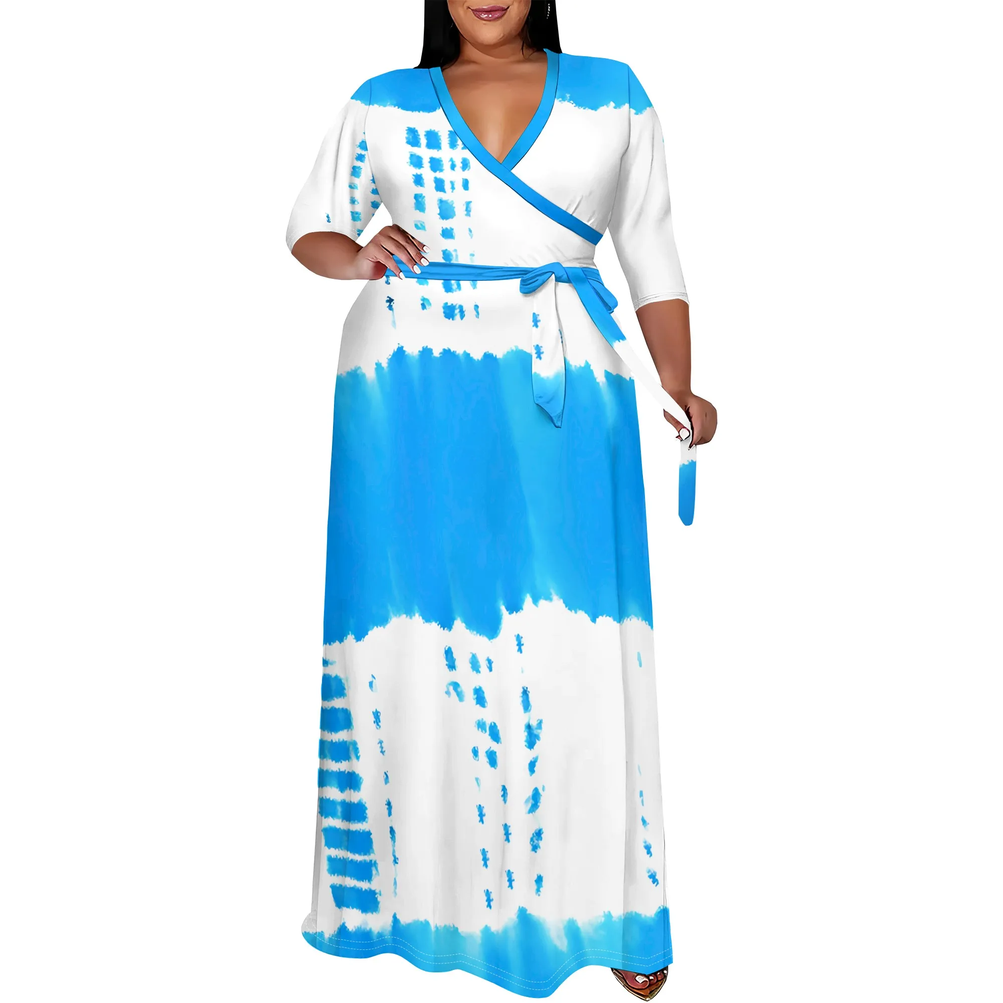 Plus Size Women's 3/4 Sleeve V Neck Women With Pocket and Bel Long Dress Fashion Printed Split Hem Club Party Casual  Maxi Dress