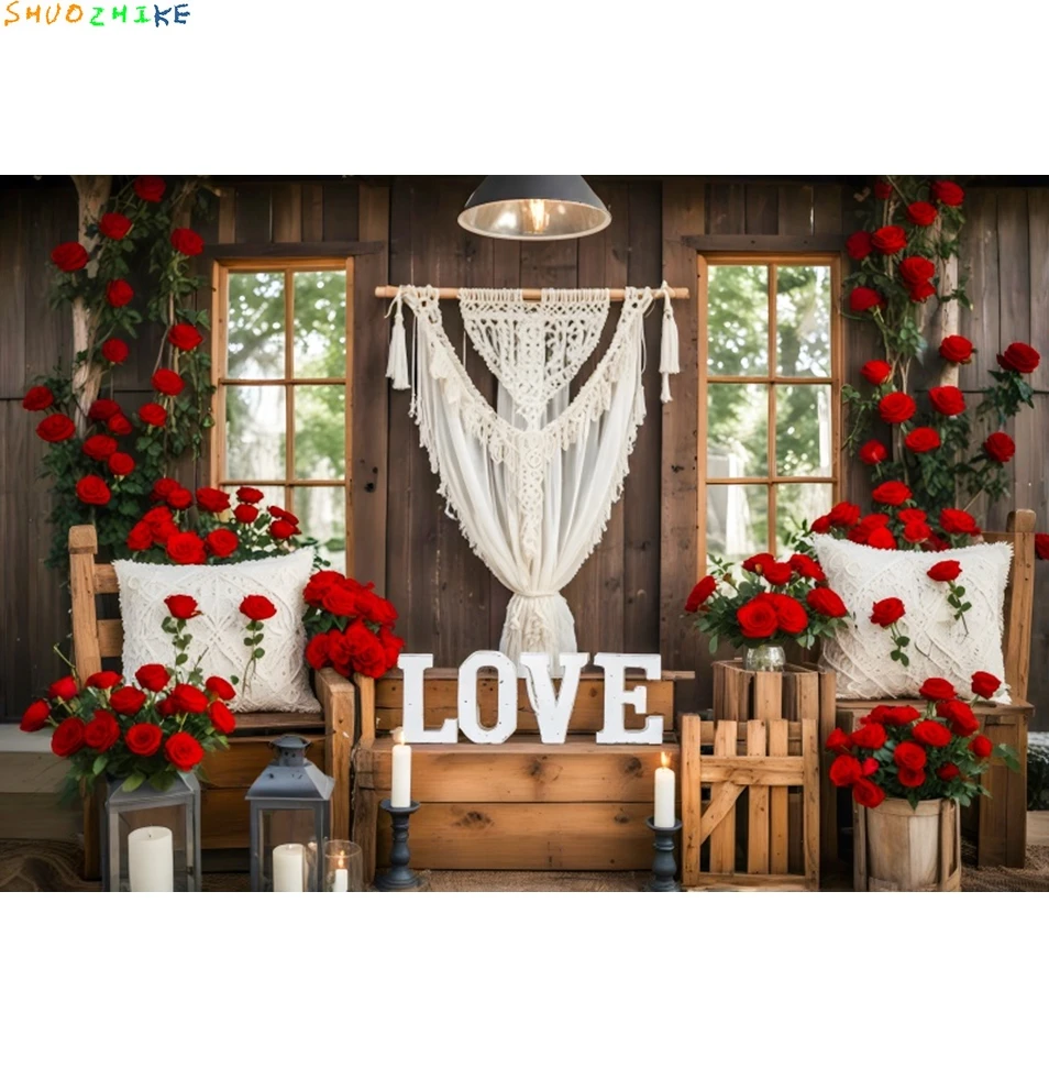 خلفية تصوير لعيد الحب، منزل خشبي، زهور الورد، زفاف 14 فبراير، ديكور حفلات، خلفية استوديو الصور