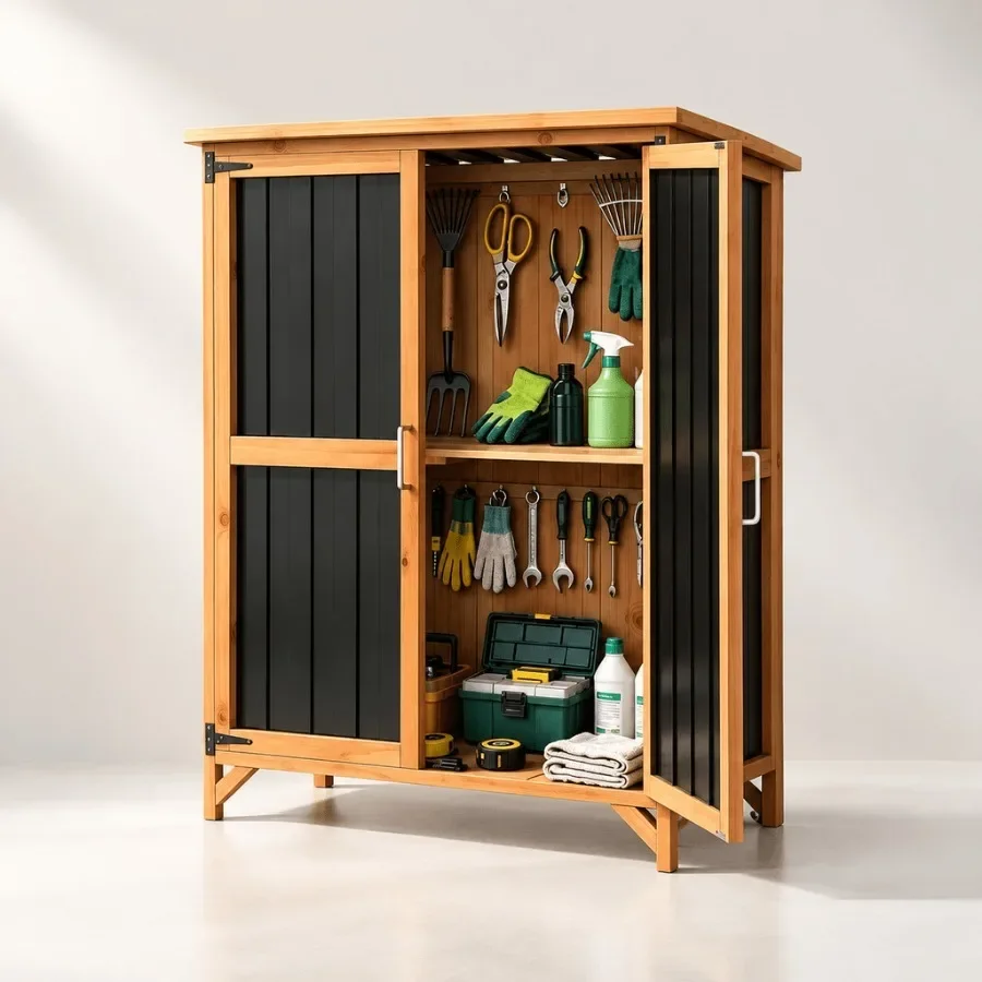 Outdoor Storage Cabinet for Patio Use, PVC Roof Weatherproof Shed in Gray with Rust-Resistant Steel Frame and Lockable Doors