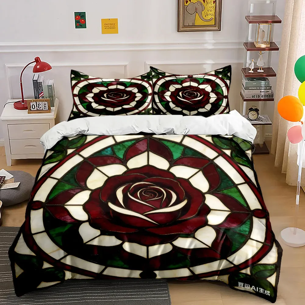 Stained Glass Rose Decoration Set Multiple sizes kid's and adults' bedroom Exquisite 3PC bedding set, gift