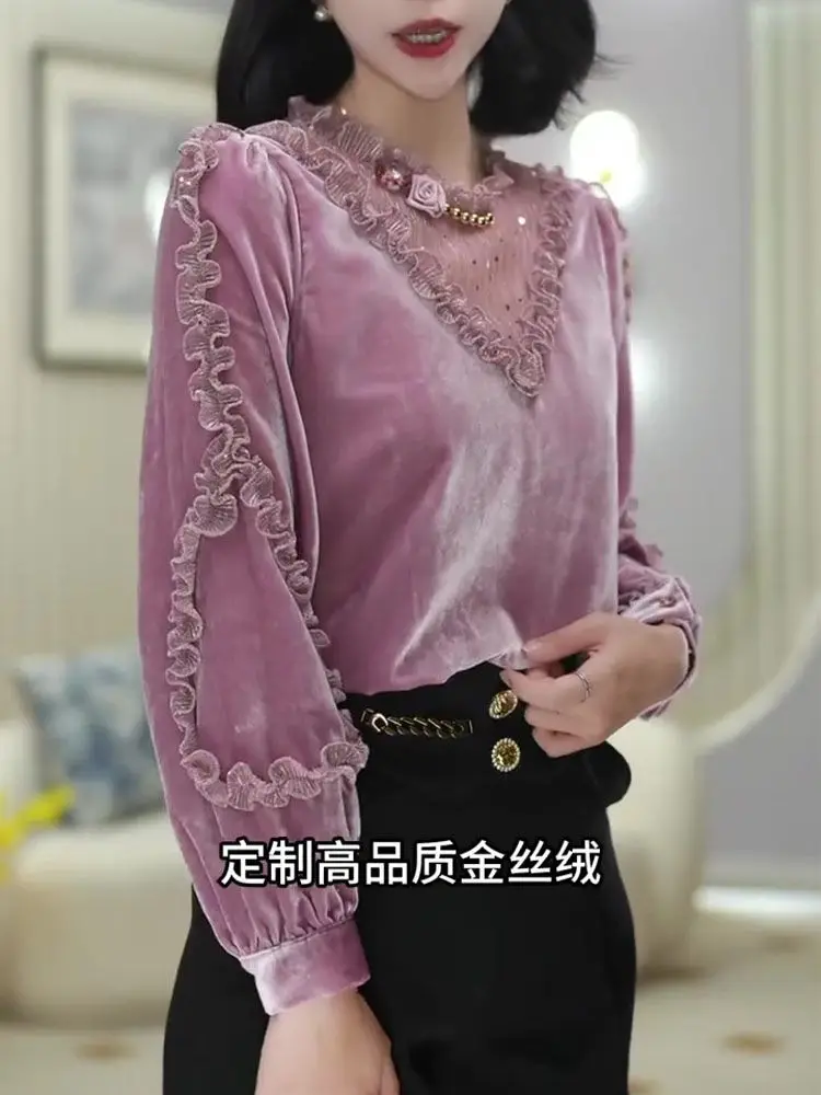 Winter Pink Long-sleeved Velvet Shirt for Women 2025 Autumn New Fashionable and Versatile Top Blouses for Women Sexy Lady Tops