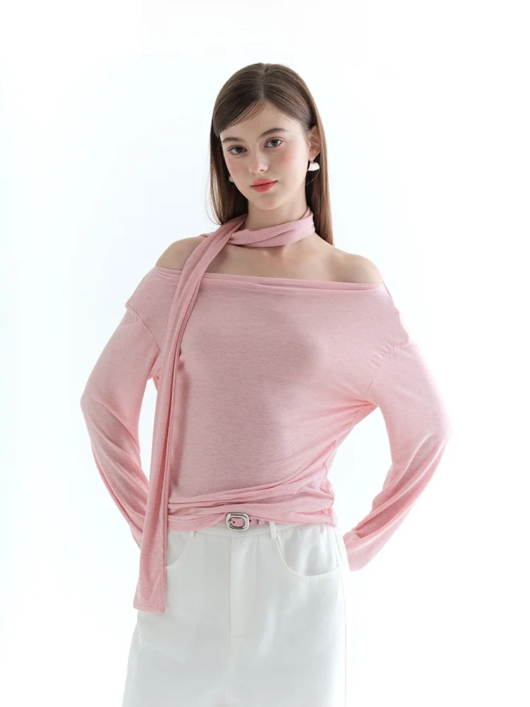 Promotion 5 Gentle Wind Atmosphere Sensation One Shoulder Women's Design Sensation Sash T-shirt Top Casual Style Long Sleeve