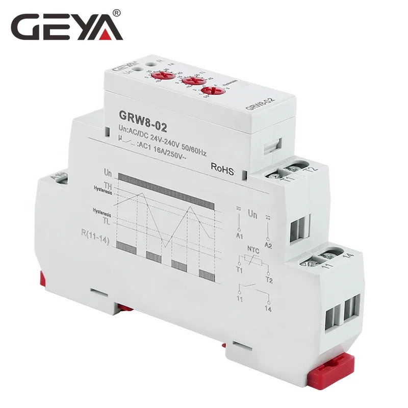 GEYA GRW8-01/02 Din Rail Temperature Control Relay 16A AC/DC24-240V with Waterproof NTC Sensor Heating & Cooling