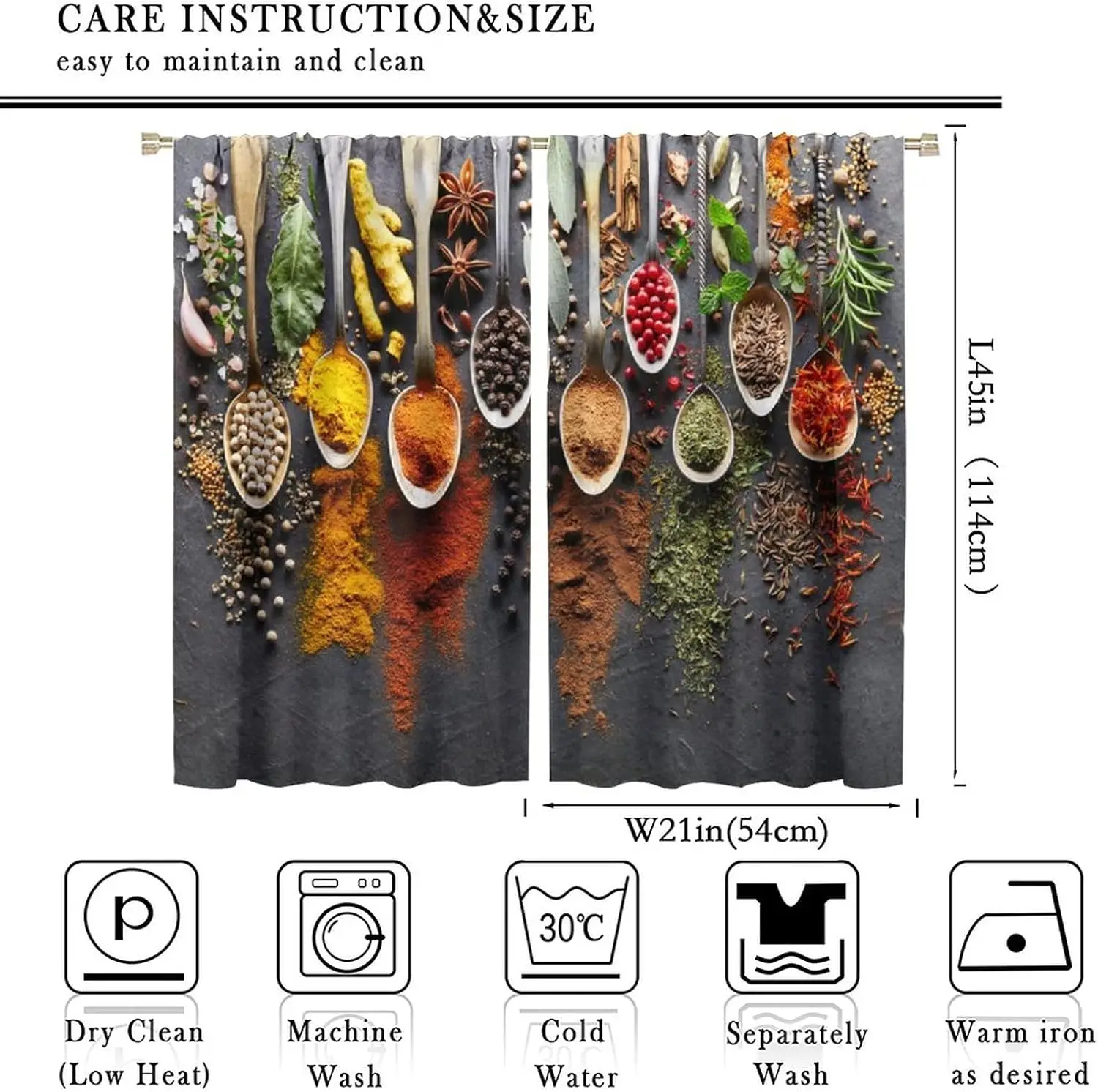 Kitchen Curtains， Rustic Herbs Spices Color Food Spoons Polyester Fabric Window Treatments for Bedroom Living Room Kitchen Café