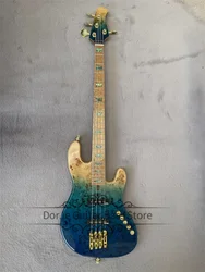 4 Strings Bass Blue Bass Guitar ASH Wood Body Birds Eye Roast Maple Fingerboard Mother Shell Inlay Gold Bridge Active Battery