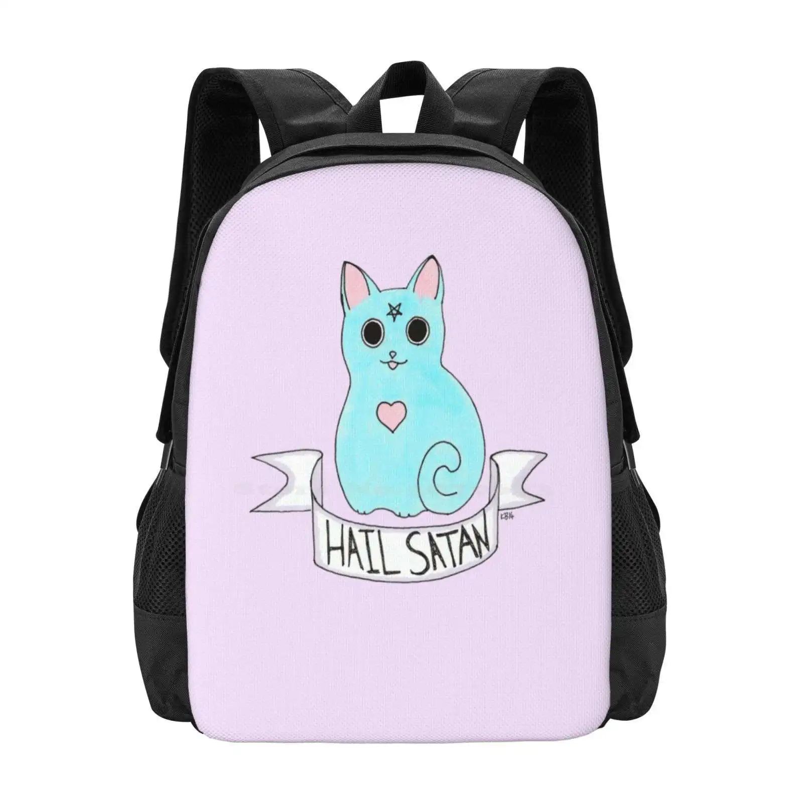 Hail Satan Cat New Arrivals Unisex Bags Student Bag Backpack Cat Blue Hail Satan Evil Rude Pastel Goth Soft Grunge Pale