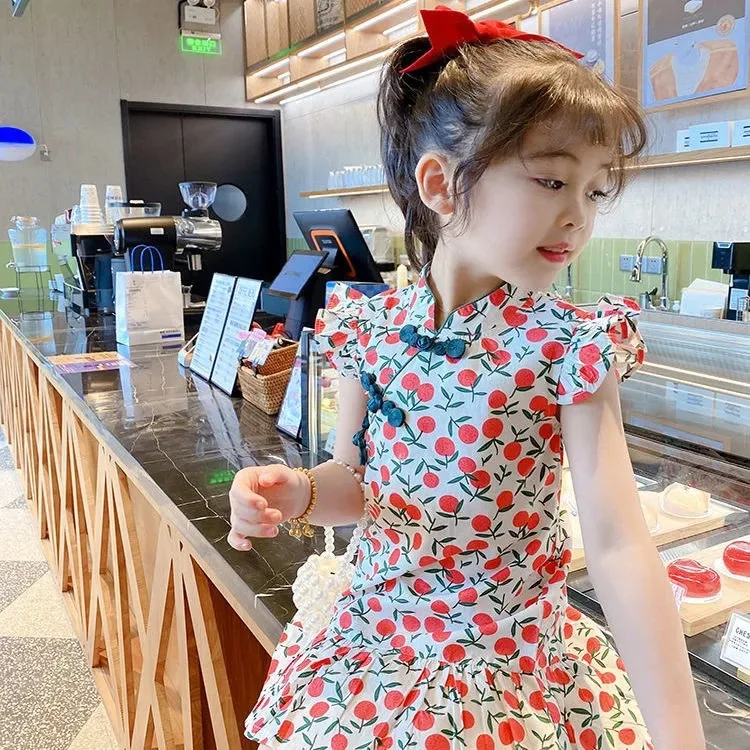 2026 Fashion Summer New Style 2-10 Years Old Children's Girls' Clothing Chinese Style Hanfu Tang Suit Dress Children's Cheongsam