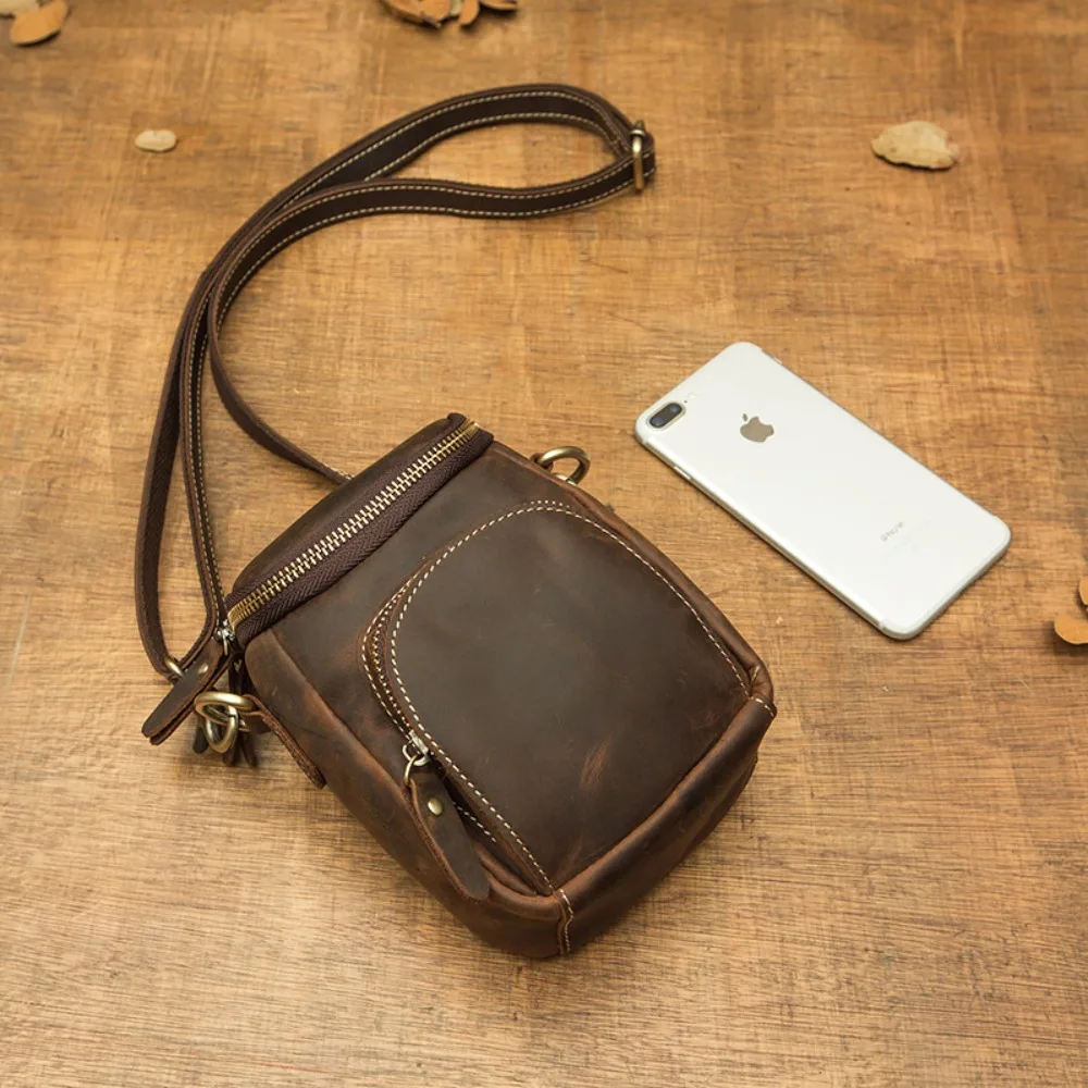 

Handmade Cowhide Crossbody Men's Shoulder Leather Locomotive Multi-functional Fanny Pack Personalized Wear Belt Mobile Phone Bag