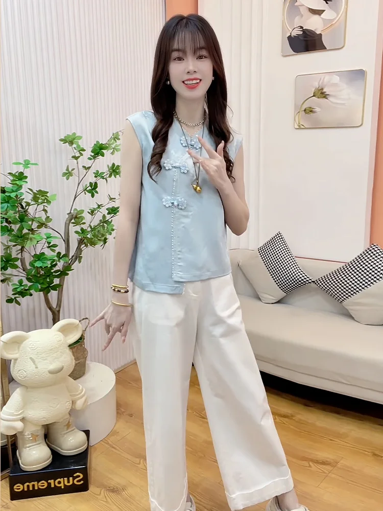 

Жемчужная блузка с цветочным узором для женщин, модный китайский топ на пуговицах, удобный, дышащий, повседневный...