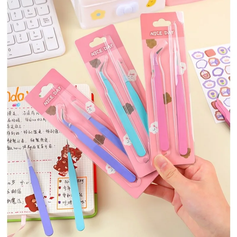 2pcs Macaron Color Stainless Steel Tweezers Diy Handbook Tape Sticker Tool Journal Gadgets Simple Practical Portable