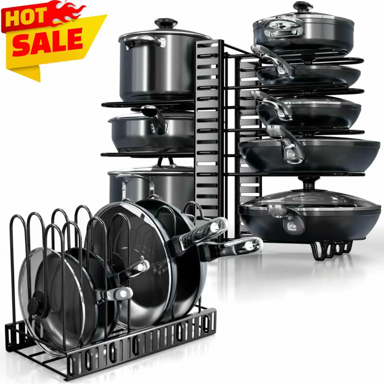 8-Tier Adjustable Pots and Pans Organizer Rack Kitchen Cabinet Storage Shelf Heavy Duty Cookware Bakeware Lid Holder Space Saving Pan Organizers Inside Under Counter with 3 DIY Methods