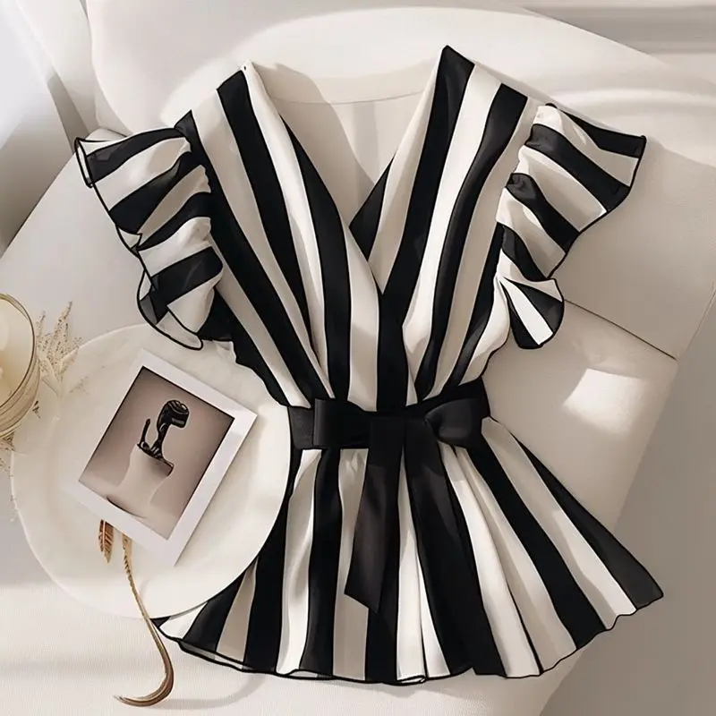 

V Neck Blouse Vintage Tops Crop Black White Striped Shirts Chiffon Blusas Femininas Elegantes Chic Korean New 2025 Shirt