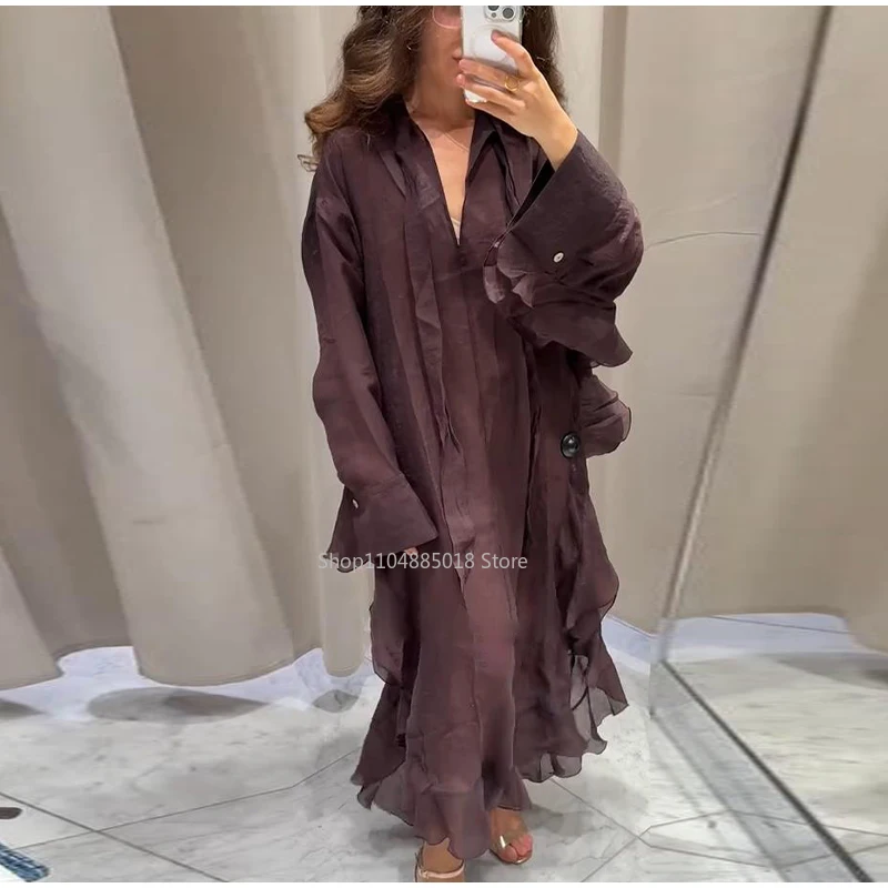 

Loose V-neck Lace Up Ruffles Long Dress Women Elegant Batwing Sleeve Buttons Party Dresses 2025 Autumn Summer Lady Holiday Robes