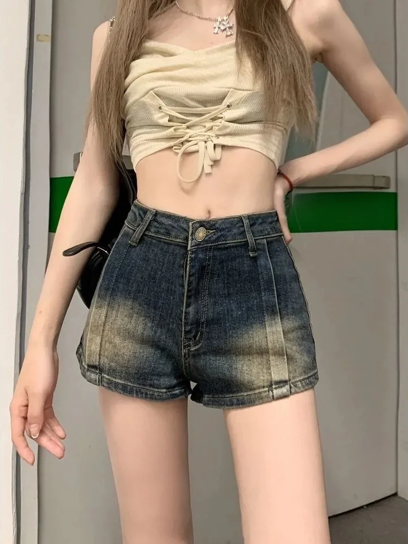 

Retro High Waist Denim orts Women's Summer Slimming Elastic American Sle Hot Pants A-Line ort orts Casual Jeans